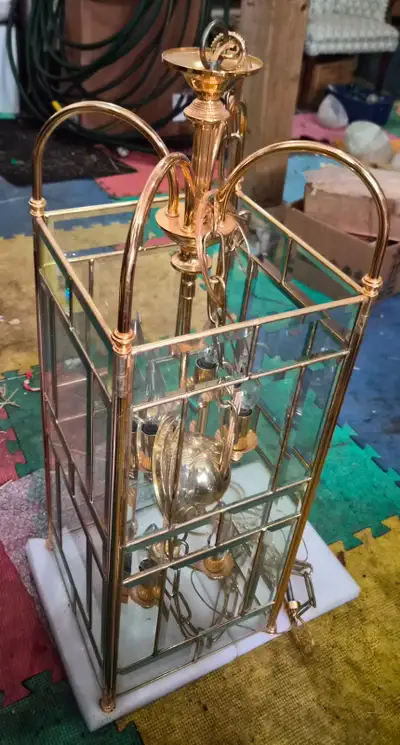 Beautiful big brass n etched glass light fixture, View more
