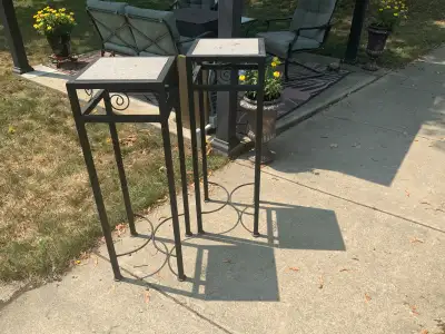 2 steel & stone stand up patio tables. 41 inches high, 14x14 top, View more