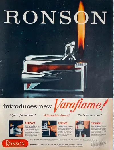 “Ronson introduces new Varaflame.” Dimensions : 10 1/4 inches wide by 13 1/2 inches high. In excelle...