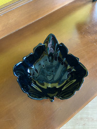 Vintage Black Opaline/Amethyst Glass Leaf Shaped Bowl With Feet