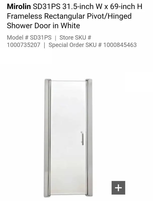 Open Box Special - Mirolin Pivot Shower Door in Plumbing, Sinks, Toilets & Showers in Peterborough