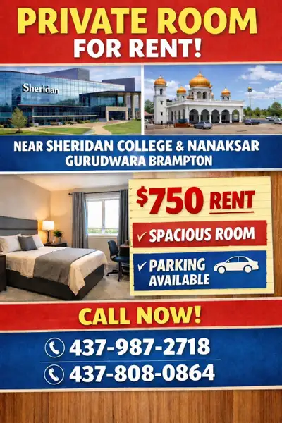 Private Room available from 1st April 1. Near sheridan college and Nanksar gurudwara Brampton. 2. Re...