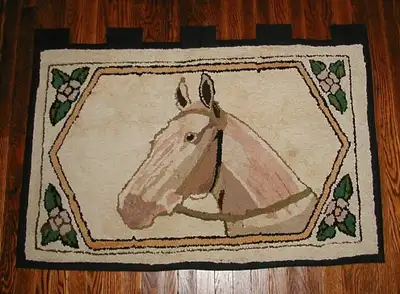 Hand hooked horse rug for sale, lovely muted colours, great detail. The rug is 3 feet x 23 1/2 inche...