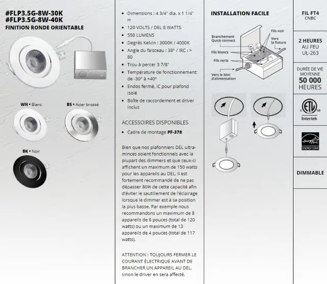 Plaques de montage LUMIFARO PF-378 et PF-414 pour luminaires DEL in Indoor Lighting & Fans in Laval / North Shore - Image 5