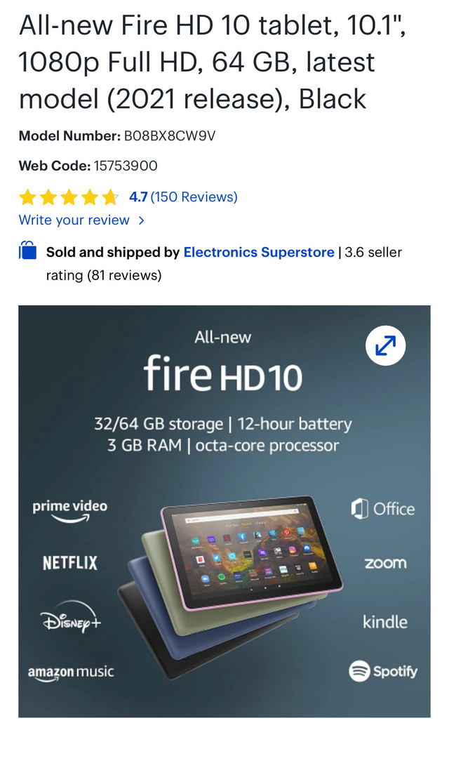 Fire HD10 64GB/1080P Tablet | General Electronics | Winnipeg | Kijiji