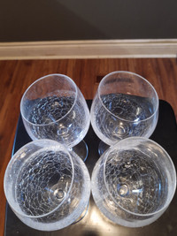 FOUR WINE GOBLETS Slanted Rim Crackle Glass (4)