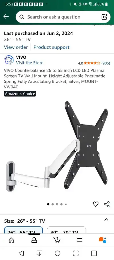 28 to 55 inch pneumatic TV wall mount **NEVER USED**, View more