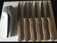 Six Used Serrated Stainless Sabatier Steak Knives + Garlic Press