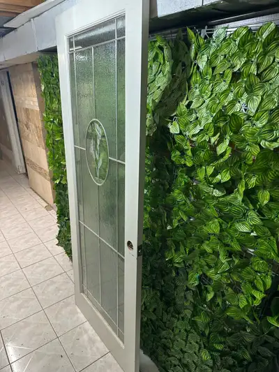 I'm selling a used interior door featuring a glass panel with a beautiful floral design. The door me...