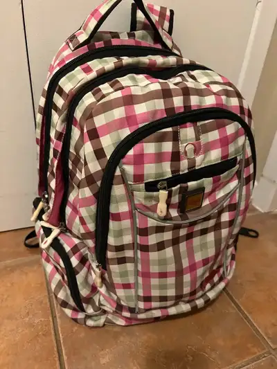 Roots backpack $25 pink brown plaid, 38 litre, View more