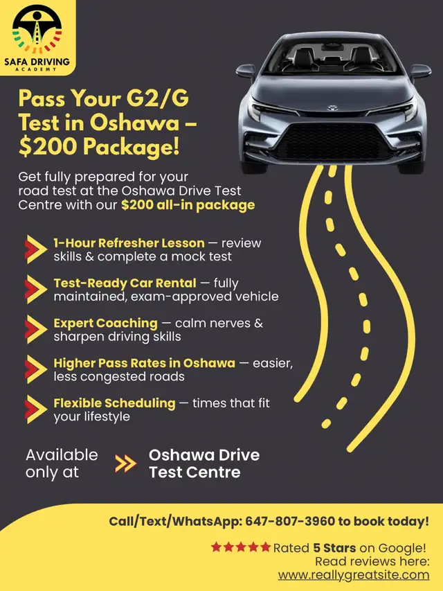 $200 G2/G Road Test Package – Car + 1-Hour Lesson (Oshawa)