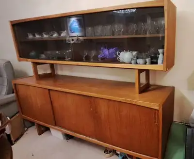 Downsizing — 1970s Danish Teak Credenza + Glass Hutch (2-Piece MCM) Classic mid-century Scandinavian...