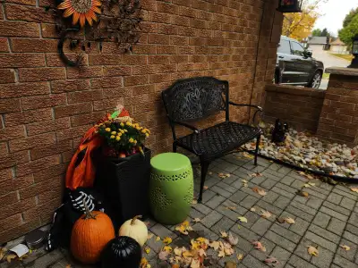 3 piece cast benched chair and table, View more