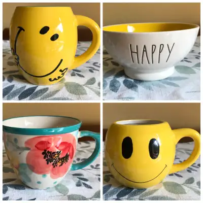 Dimensions are in my images. - Mr Men Little Miss, Mr Happy 18 ounce Oval Ceramic Mug by Roger Hargr...