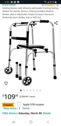 3in 1 Folding 2 wheel Walker  with seat & extra legs brand new