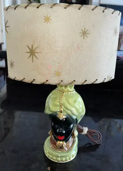 VINTAGE PORCELAIN FIGURAL LAMP WITH MCM SHADE, View more
