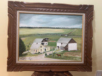 Painting, oil on canvas landscape in frame
