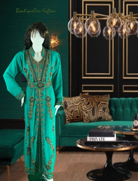Turquoise Wedding & Party Wear Modern Moroccan Kaftan Long Dress