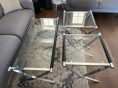 Glass and Metal Coffee and 2 Side Tables, View more