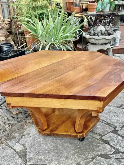 Rustic Wooden Coffee Table on casters Can be used Indoors and Outdoors Measures 46" in Diameter x 21...