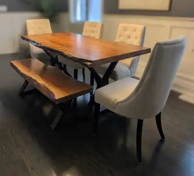 Live Edge Acacia Wood Dining Table with Bench AND chairs!, View more