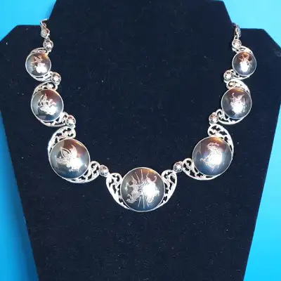 1940s Magnificent Siam Sterling 930 Silver Black Enamel Necklace, View more