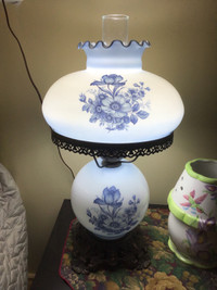 Vintage Hurricane Parlour Lamps White Milk Glass with Royal Blue