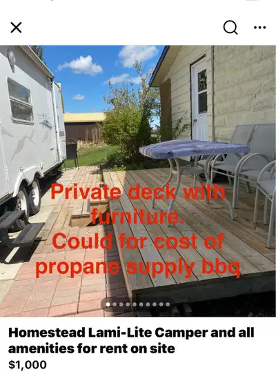 Cozy camper and amenities for rent! Has a private deck with furniture. Camper canopy can shade most...
