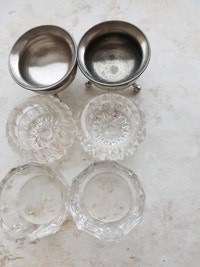 SALT CELLARS, 3 pairs, silver plate and crystal