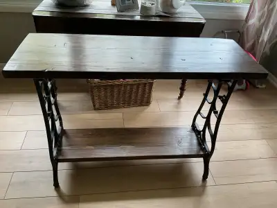 A great table to go anywhere in your house. Hall or Entryway. Made from antique cast iron sewing mac...
