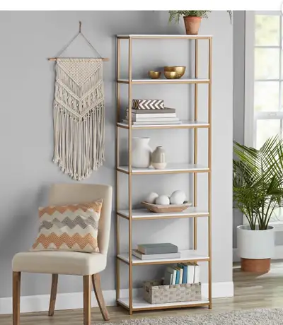 New-Mainstays 6-Shelf Metal Frame Bookcase, White/Gold, 6 shelve, View more