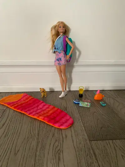 This is a used Camper Barbie set, complete with all the accessories needed for a fun outdoor adventu...