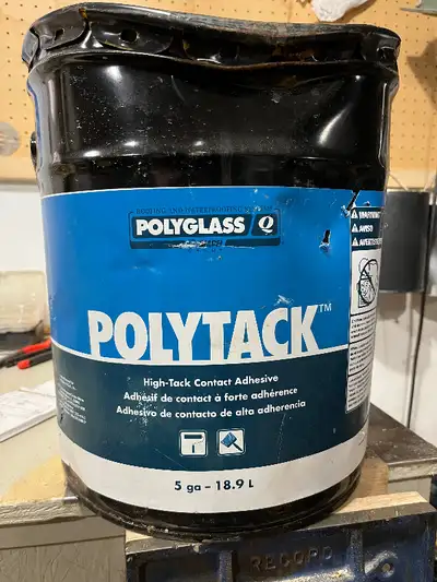 5 gallon bucket of Polytack high-tack contact adhesive. Good for use on concrete, masonry, wood, met...