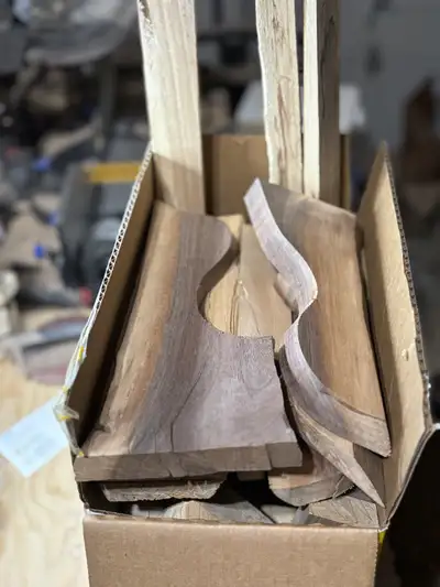 Small box full of dried hardwood cutoffs. Get for fires or wood burning stoves/ovens. Includes black...