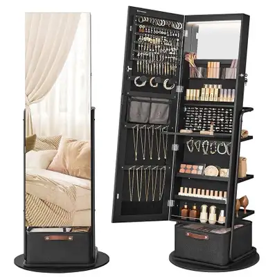 360° Swivel Mirrored Jewelry Cabinet with Lights, Full-Length Mirror with Jewelry Storage, Standing...