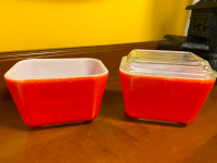 Two Vintage Small Primary Red Pyrex Refrigerator Fridgies