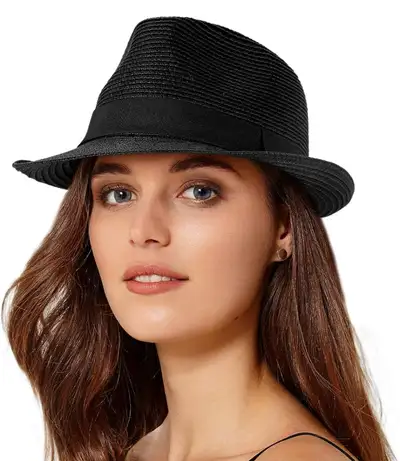 Women and Men Short Brim Straw Sun Hat Fedora Trilby Hat, View more