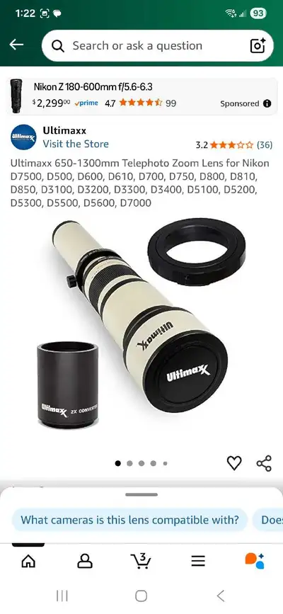 New Ultimaxx 650-1300mm Telephoto Zoom Lens for Nikon D7500, D500, D600, D610, D700, D750, D800, D81...