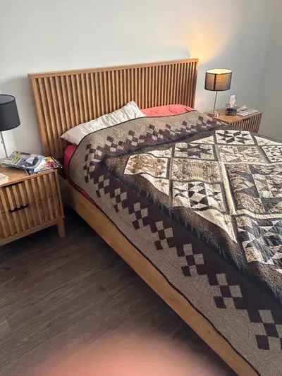 This Queen bed frame was barely used by one person only, for 3 months. The matchings nightstands hav...