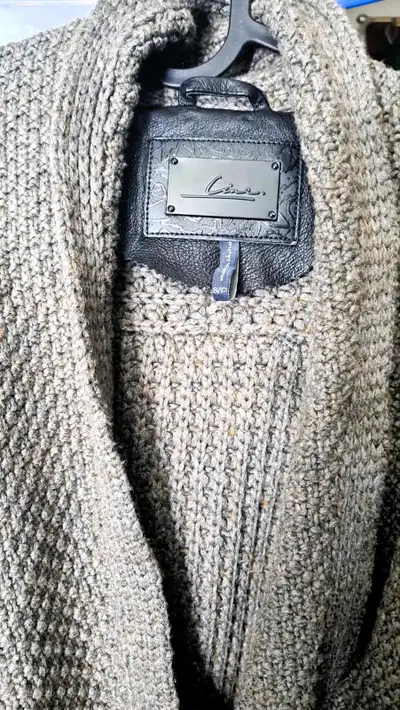 Line Women Luxury Sweater Cardigan w/ Genuine Leather Sleeves, View more
