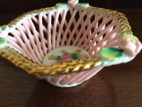 Vtg Dainty Pink/Gold Edged PORCELAIN TRINKET DISH-Lattice w Rose