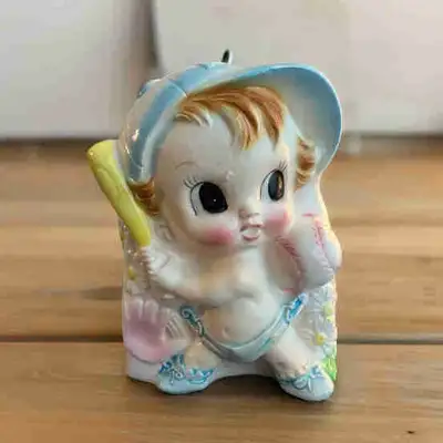 Vintage Rubens Ceramic Glazed Planter Baby Boy in in a baseball cap and diaper with bat, ball, glove...