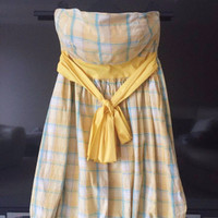 Yellow Blue Plaid Bow Tube Top Sleeveless Women's Dress (Size S)
