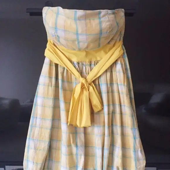 (Size S) Yellow Blue Plaid Bow Tube Top Sleeveless Women's Dress