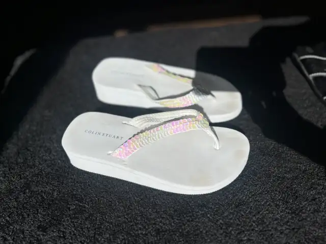 Shoes - White Flip Flops with iridescent sequin strap63738330804739121