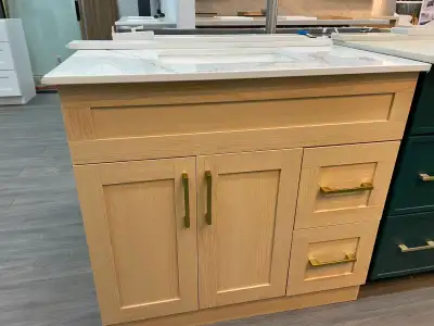 Beautiful light oak bathroom vanity with a modern, warm wood finish Stylish shaker-style cabinet fro...