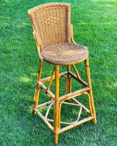 CHAISE TABOURET EN BAMBOU ROTIN OSIER MID CENTURY RÉTRO VINTAGE, View more