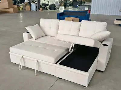 Modern White Sectional Sleeper Sofa with Storage Chaise & Cup Ho, View more