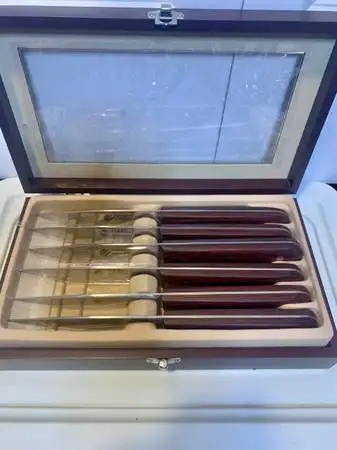 Steak Knife Set in Gift Wood / Glass Box 6 Full Stainless Steel