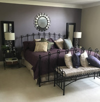 Wrought Iron. King size bed frame, two end tables and bench.